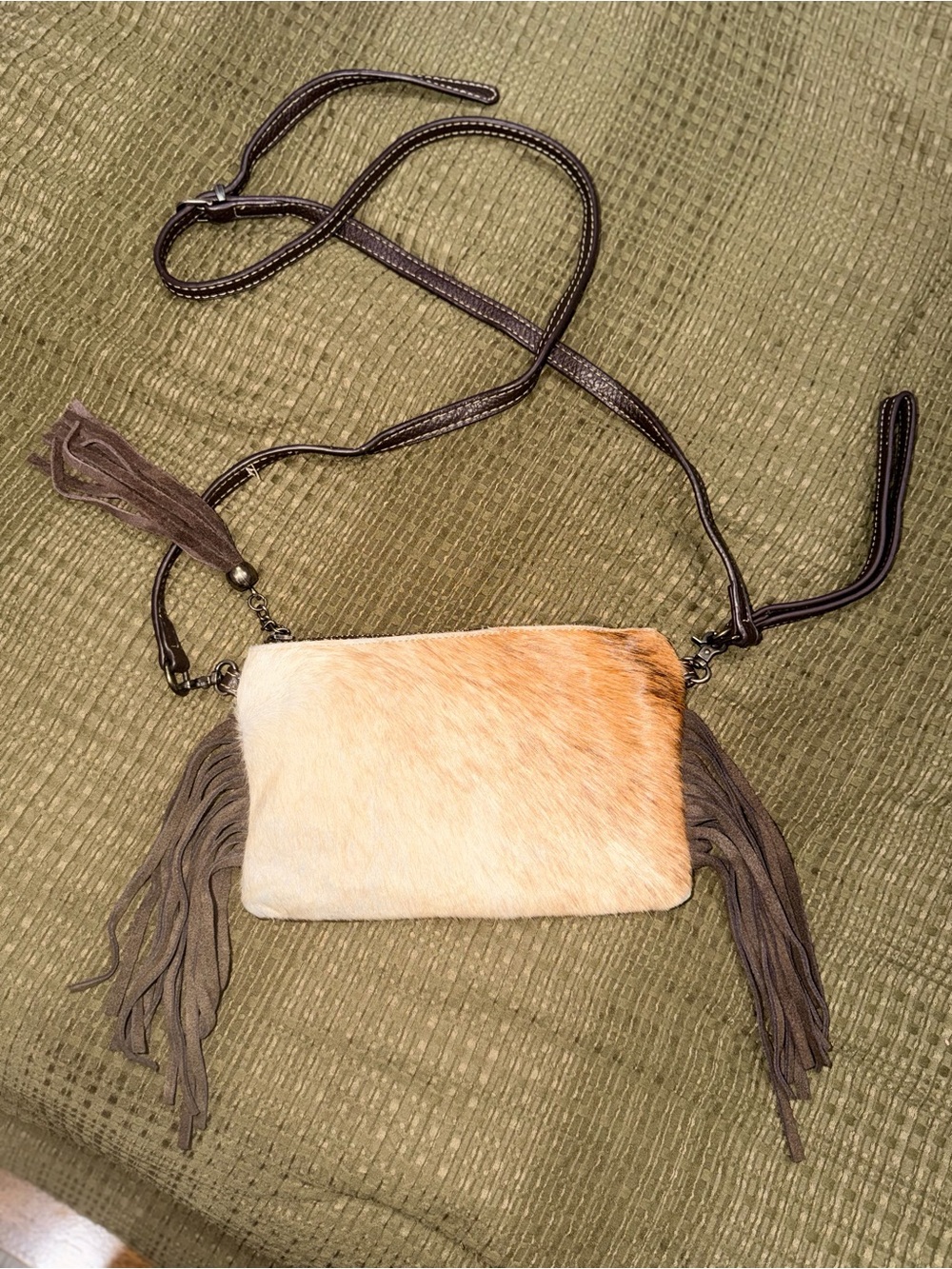 Neutral Two-Tone cowhide Crossbody Bag with Fringe